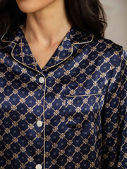 Pure Silk Navy Chain Print Long Sleeve Notch Collar Women's Pajamas Set