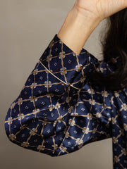 Pure Silk Navy Chain Print Long Sleeve Notch Collar Women's Pajamas Set