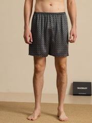 Pure Silk Navy Ginkgo Print Elastic Waist Men's Sleep Shorts
