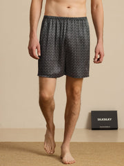 Pure Silk Navy Ginkgo Print Elastic Waist Men's Sleep Shorts