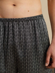 Pure Silk Navy Ginkgo Print Elastic Waist Men's Sleep Shorts