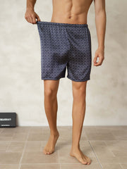 Pure Silk Navy Ginkgo Print Elastic Waist Men's Sleep Shorts