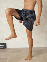 Pure Silk Navy Ginkgo Print Elastic Waist Men's Sleep Shorts