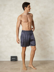 Pure Silk Navy Ginkgo Print Elastic Waist Men's Sleep Shorts