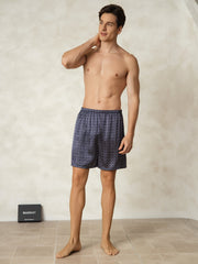 Pure Silk Navy Ginkgo Print Elastic Waist Men's Sleep Shorts