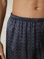 Pure Silk Navy Ginkgo Print Elastic Waist Men's Sleep Shorts
