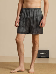 Pure Silk Navy Ginkgo Print Elastic Waist Men's Sleep Shorts