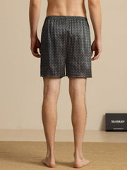 Pure Silk Navy Ginkgo Print Elastic Waist Men's Sleep Shorts