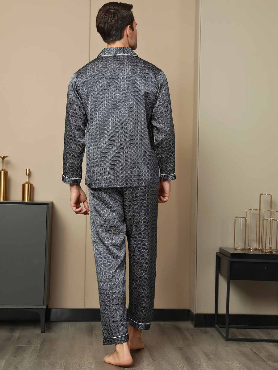 Pure Silk Navy Ginkgo Print Long Sleeve Men's Pajamas Set With Pants