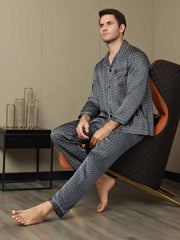 Pure Silk Navy Ginkgo Print Long Sleeve Men's Pajamas Set With Pants