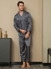 Pure Silk Navy Ginkgo Print Long Sleeve Men's Pajamas Set With Pants