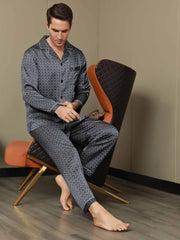 Pure Silk Navy Ginkgo Print Long Sleeve Men's Pajamas Set With Pants