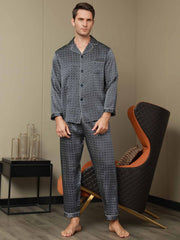Pure Silk Navy Ginkgo Print Long Sleeve Men's Pajamas Set With Pants