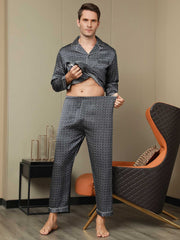 Pure Silk Navy Ginkgo Print Long Sleeve Men's Pajamas Set With Pants