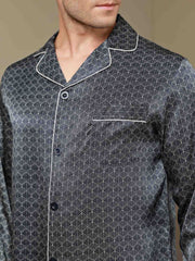 Pure Silk Navy Ginkgo Print Long Sleeve Men's Pajamas Set With Pants