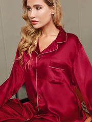 Pure Silk Notch Collar Button Up Women's Pajamas Set