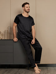 Pure Silk Short Sleeve Round Neck Men's Pajamas Set with Pants