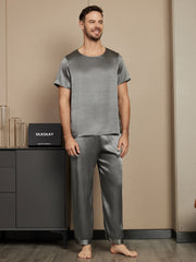 Pure Silk Short Sleeve Round Neck Men's Pajamas Set with Pants