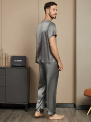 Pure Silk Short Sleeve Round Neck Men's Pajamas Set with Pants