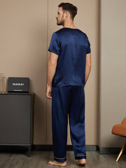 Pure Silk Short Sleeve Round Neck Men's Pajamas Set with Pants