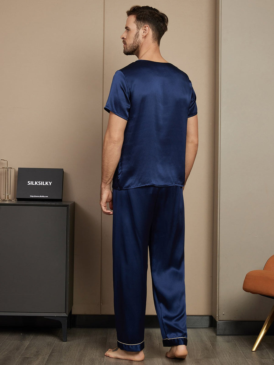 Pure Silk Short Sleeve Round Neck Men's Pajamas Set with Pants