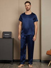 Pure Silk Short Sleeve Round Neck Men's Pajamas Set with Pants