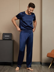 Pure Silk Short Sleeve Round Neck Men's Pajamas Set with Pants