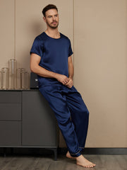 Pure Silk Short Sleeve Round Neck Men's Pajamas Set with Pants