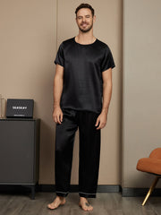 Pure Silk Short Sleeve Round Neck Men's Pajamas Set with Pants
