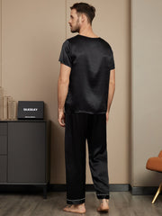 Pure Silk Short Sleeve Round Neck Men's Pajamas Set with Pants