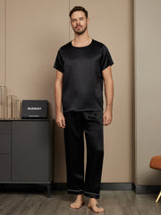 Pure Silk Short Sleeve Round Neck Men's Pajamas Set with Pants