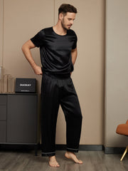 Pure Silk Short Sleeve Round Neck Men's Pajamas Set with Pants