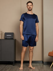 Pure Silk Short Sleeve Round Neck Men's Pajamas Set with Shorts