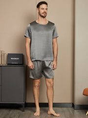 Pure Silk Short Sleeve Round Neck Men's Pajamas Set with Shorts