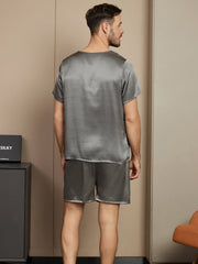 Pure Silk Short Sleeve Round Neck Men's Pajamas Set with Shorts