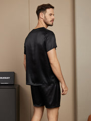 Pure Silk Short Sleeve Round Neck Men's Pajamas Set with Shorts