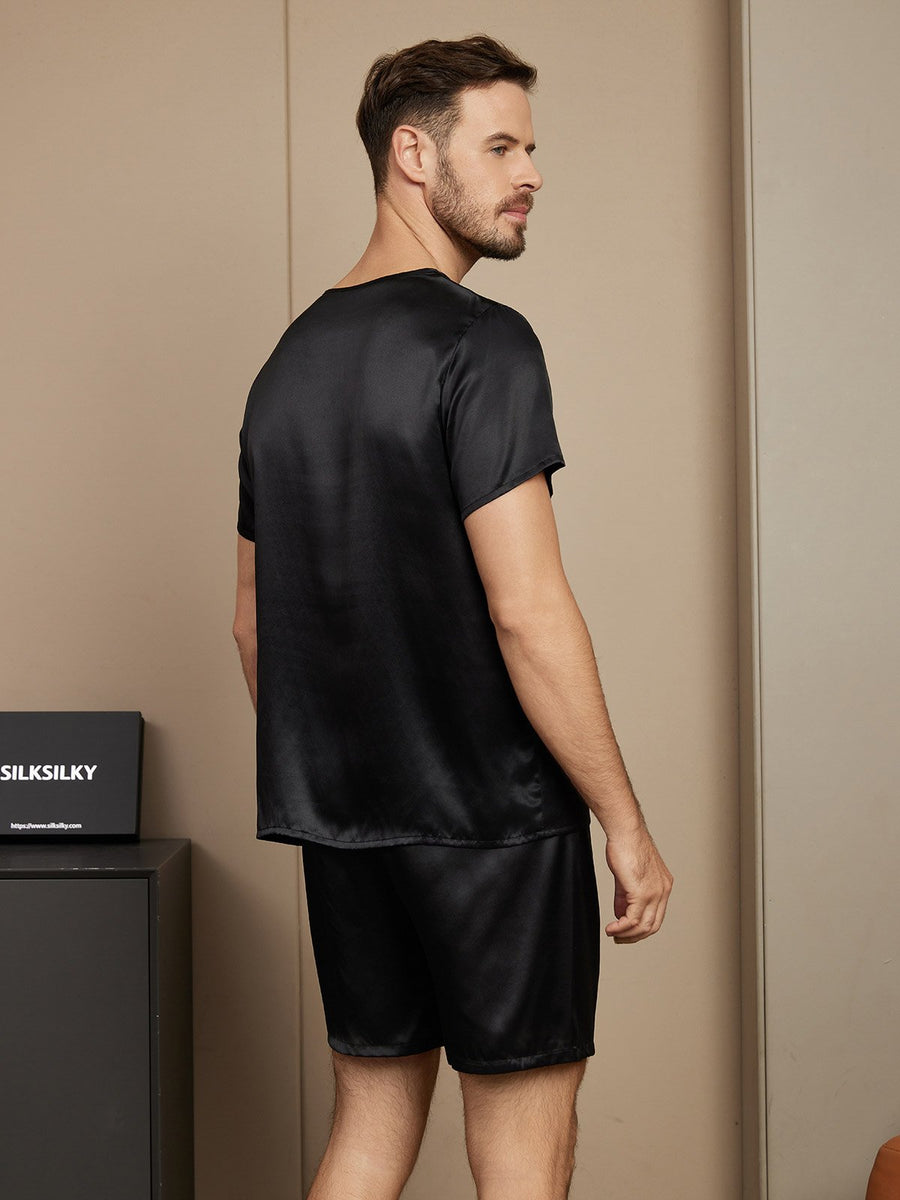 Pure Silk Short Sleeve Round Neck Men's Pajamas Set with Shorts
