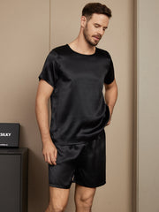 Pure Silk Short Sleeve Round Neck Men's Pajamas Set with Shorts