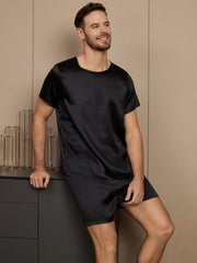 Pure Silk Short Sleeve Round Neck Men's Pajamas Set with Shorts