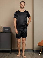 Pure Silk Short Sleeve Round Neck Men's Pajamas Set with Shorts