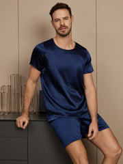 Pure Silk Short Sleeve Round Neck Men's Pajamas Set with Shorts