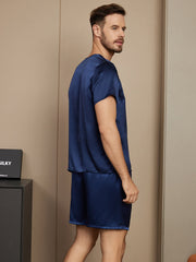 Pure Silk Short Sleeve Round Neck Men's Pajamas Set with Shorts