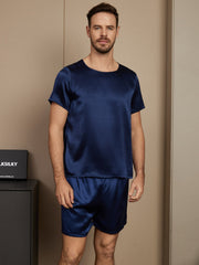 Pure Silk Short Sleeve Round Neck Men's Pajamas Set with Shorts