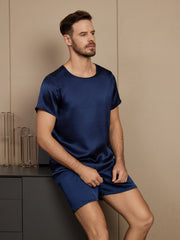 Pure Silk Short Sleeve Round Neck Men's Pajamas Set with Shorts
