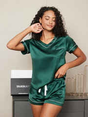 Pure Silk Short Sleeve V-neck Above the Knee Women's Pajamas Set