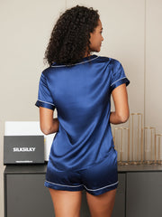 Pure Silk Short Sleeve V-neck Above the Knee Women's Pajamas Set
