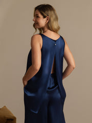 Pure Silk Sleeveless U-Neck Backless High-low Tank Top & Wide Leg Pants Set