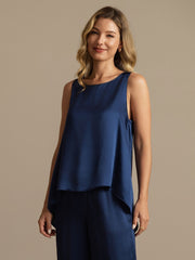 Pure Silk Sleeveless U-Neck Backless High-low Tank Top & Wide Leg Pants Set