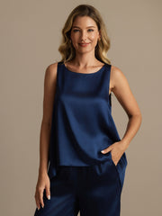 Pure Silk Sleeveless U-Neck Backless High-low Tank Top & Wide Leg Pants Set