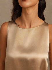 Pure Silk Sleeveless U-Neck Backless High-low Tank Top & Wide Leg Pants Set